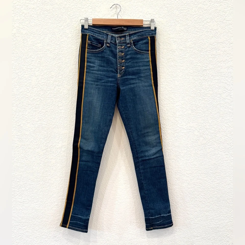 NEW Veronica Beard Crop Slim Fit Button Fly Tuxedo Stripe Jeans in Dark Wash - Picture 7 of 12